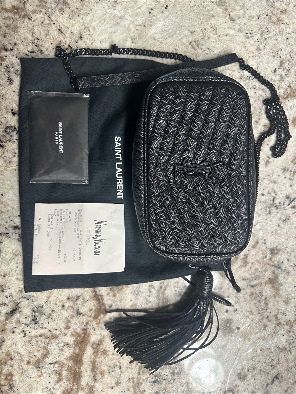 Saint Laurent Black Quilted Leather Crossbody Tassel Mini Lou ORIGINAL RECEIPT